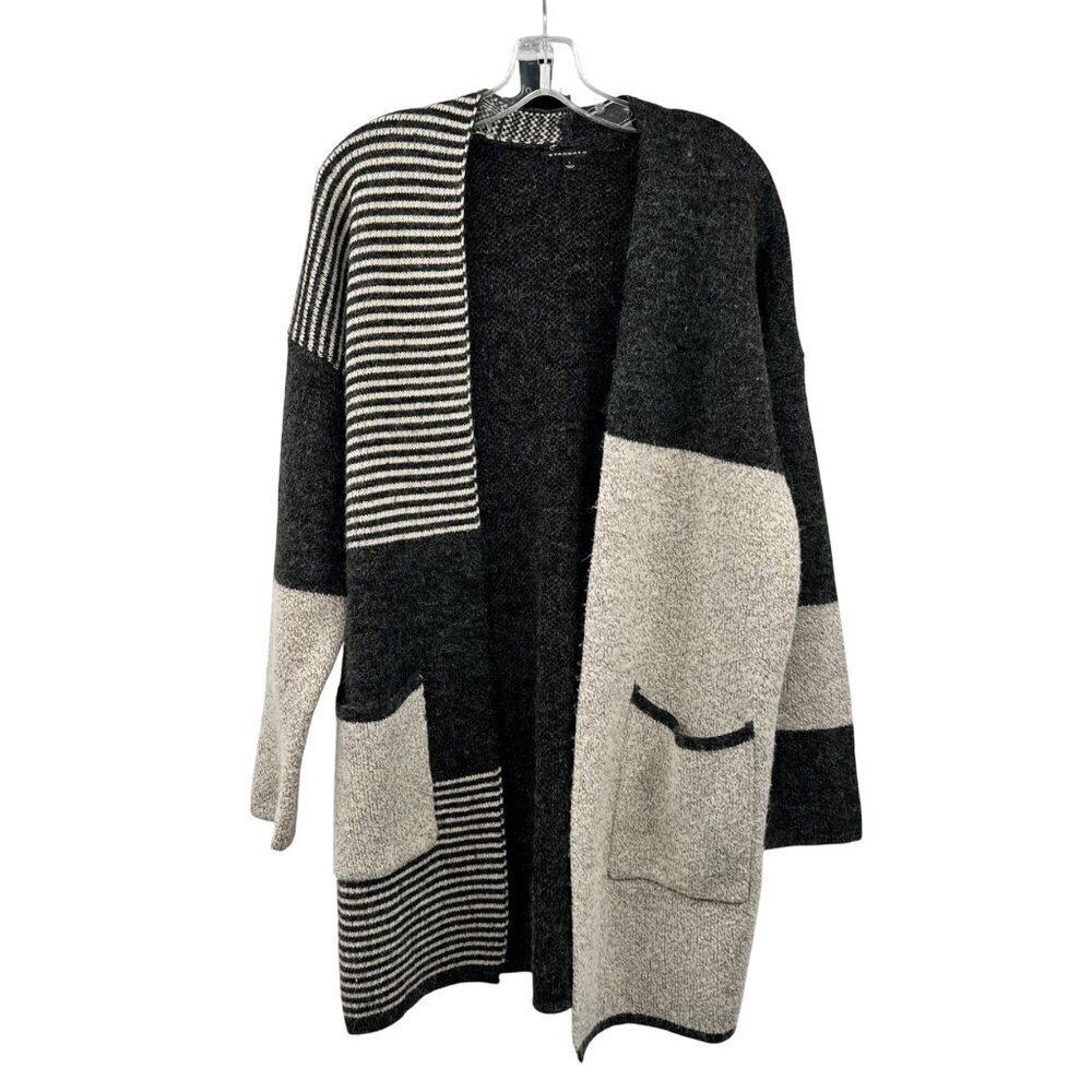 Staccato Womens Knit Cardigan Mixed Print Open Gray/Multi Size Large Pockets